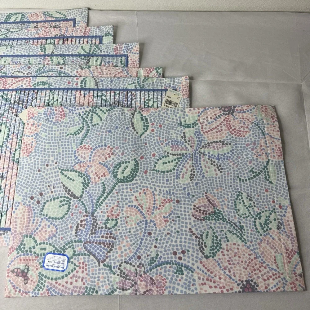 Mervyns Set Of 6 Cotton‎ Poly Pastel Pleated Placemats Retro Floral Blue Pink